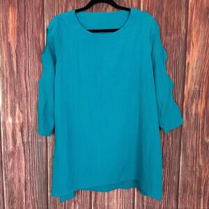 Ali Miles Top Womens Medium Blue Cut Outs Tunic Flowy Lagenlook Art to Wear